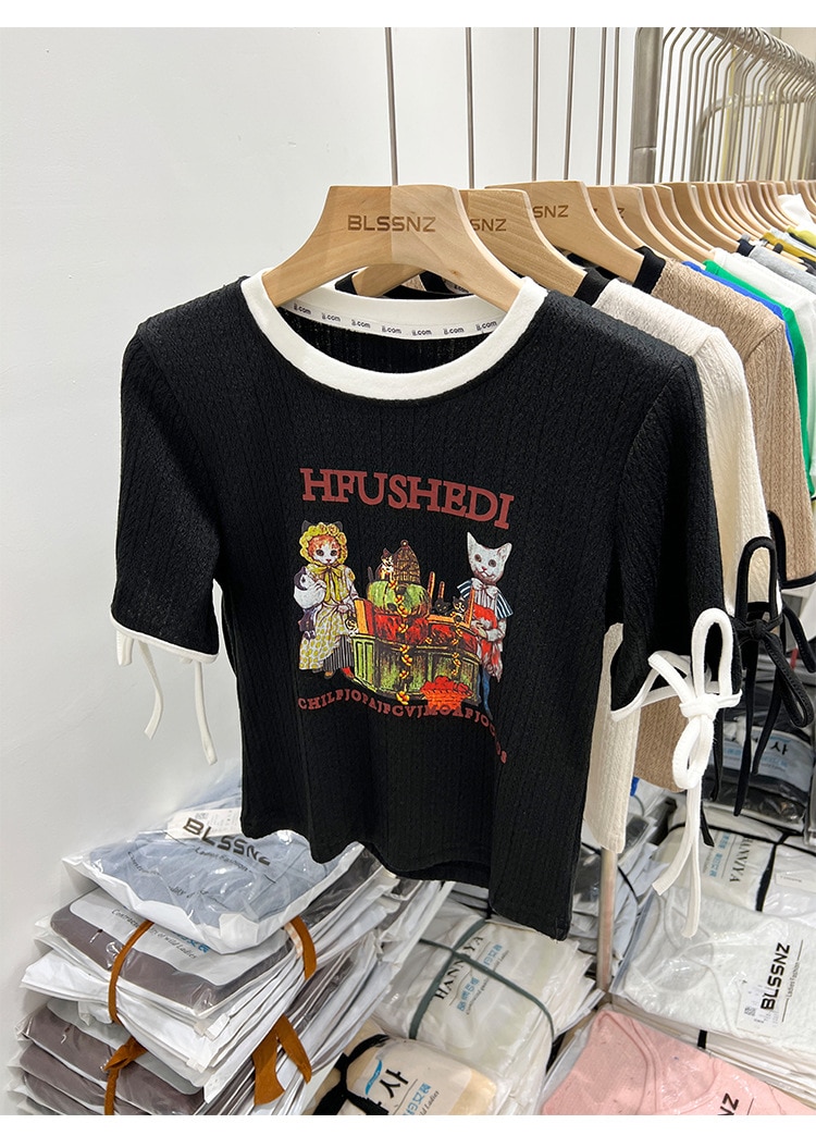 2023 Retro Động Vật Áo Thun Nữ Tay Ngắn Nữ Mùa Hè Mới Sang Trọng Thiết Kế In Hình Cảm Giác Hốc Áo Nửa Tay 2023 Retro Động Vật Áo Thun Nữ Tay Ngắn Nữ Mùa Hè Mới Sang Trọng Thiết Kế In Hình Cảm Giác Hốc Áo Nửa Tay