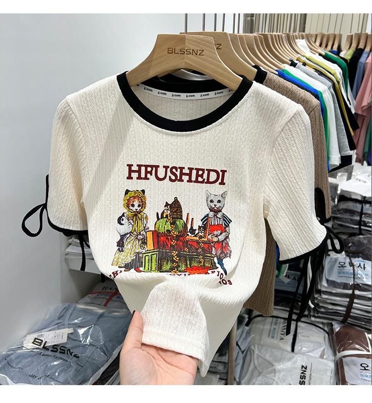 2023 레트로 동물 반팔 티셔츠 여성 여름 새로운 세련된 인쇄 디자인 감각 틈새 탑 반팔 - imaget 3