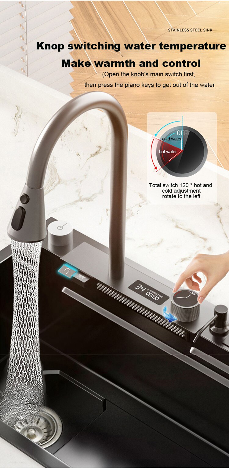 304 Stainless Steel Kitchen Waterfall Sink Digital Display Large Single Sink Dish Basin Sink With Multifunction Touch Waterfall - imaget 9 304 Stainless Steel Kitchen Waterfall Sink Digital Display Large Single Sink Dish Basin Sink With Multifunction Touch Waterfall - imaget 9