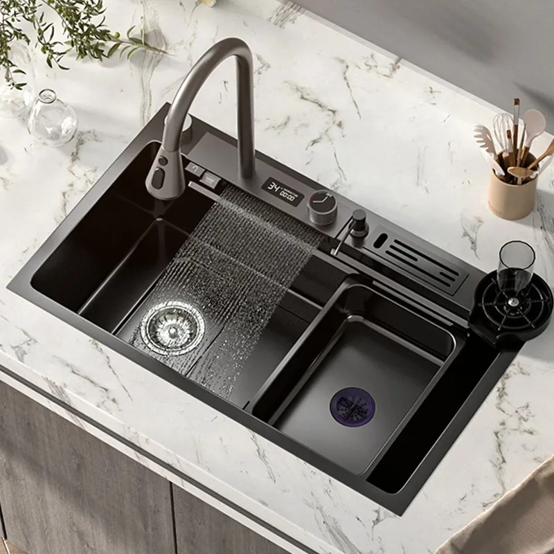 304 Stainless Steel Kitchen Waterfall Sink Digital Display Large Single Sink Dish Basin Sink With Multifunction Touch Waterfall 304 Stainless Steel Kitchen Waterfall Sink Digital Display Large Single Sink Dish Basin Sink With Multifunction Touch Waterfall