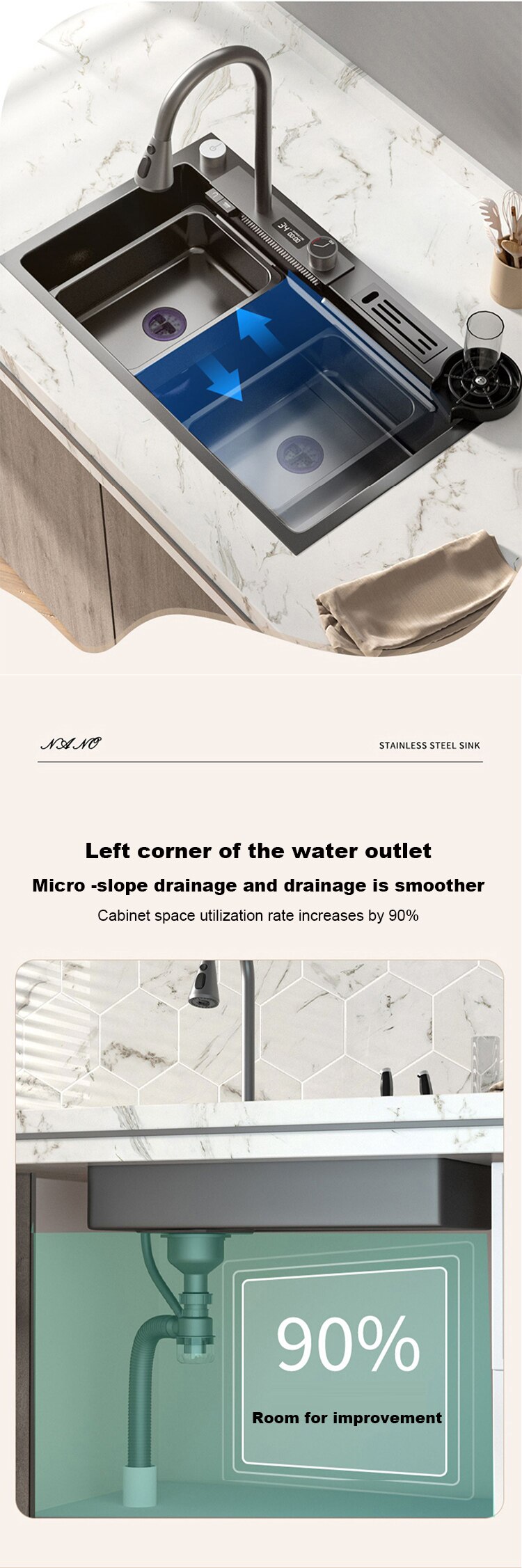 304 Stainless Steel Kitchen Waterfall Sink Digital Display Large Single Sink Dish Basin Sink With Multifunction Touch Waterfall - imaget 13 304 Stainless Steel Kitchen Waterfall Sink Digital Display Large Single Sink Dish Basin Sink With Multifunction Touch Waterfall - imaget 13