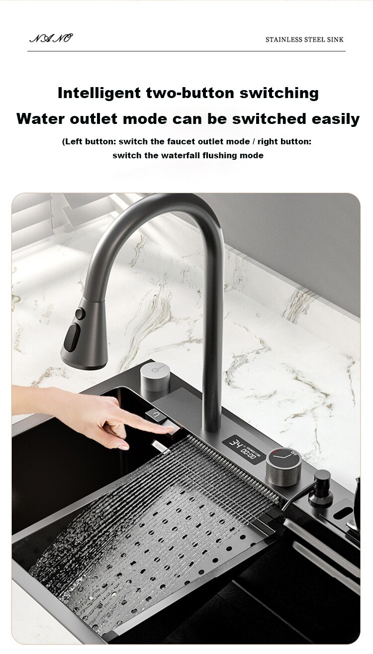 304 Stainless Steel Kitchen Waterfall Sink Digital Display Large Single Sink Dish Basin Sink With Multifunction Touch Waterfall - imaget 8 304 Stainless Steel Kitchen Waterfall Sink Digital Display Large Single Sink Dish Basin Sink With Multifunction Touch Waterfall - imaget 8