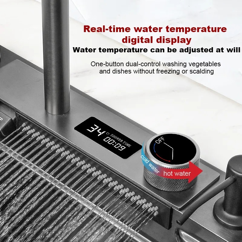 304 Stainless Steel Kitchen Waterfall Sink Digital Display Large Single Sink Dish Basin Sink With Multifunction Touch Waterfall 304 Stainless Steel Kitchen Waterfall Sink Digital Display Large Single Sink Dish Basin Sink With Multifunction Touch Waterfall