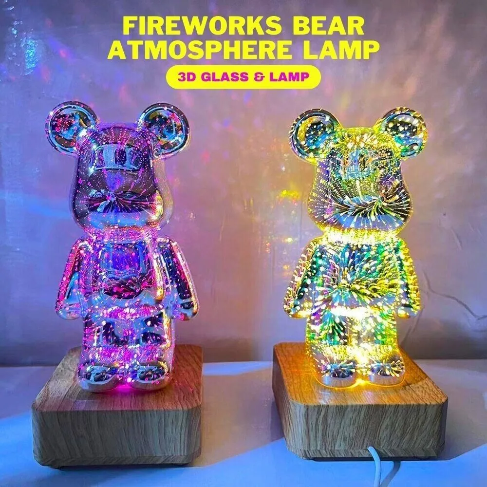 3D Fireworks Bear Night Light Projection Colorful USB Atmosphere Dimming Decor Room 3D Glass Fireworks Bedroom Decoration Lamp