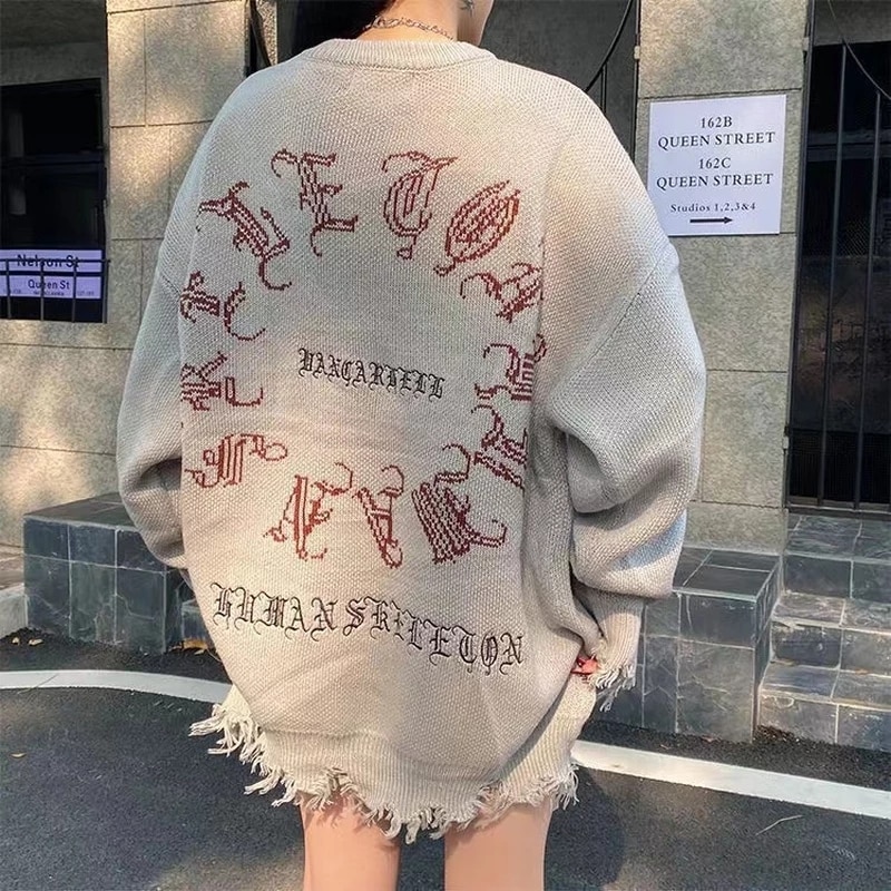 Gothic Letter Pullover Hip Hop Streetwear Bat Skeleton Print New  Knitted Sweater Menautumn Harajuku Cotton Sweater Women 2022 Gothic Letter Pullover Hip Hop Streetwear Bat Skeleton Print New  Knitted Sweater Menautumn Harajuku Cotton Sweater Women 2022