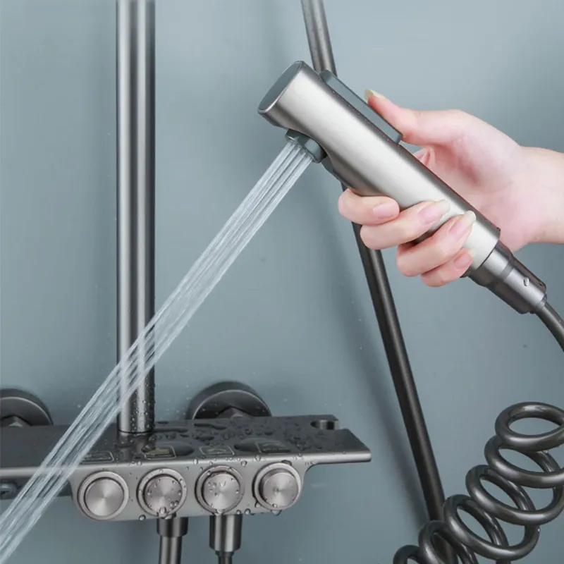 High-end Luxury Temperature Shower Set 4 Way Wall-mounted Bathroom Faucet Brass Rain Shower System Sets Bathtub Mixed Water Tap High-end Luxury Temperature Shower Set 4 Way Wall-mounted Bathroom Faucet Brass Rain Shower System Sets Bathtub Mixed Water Tap