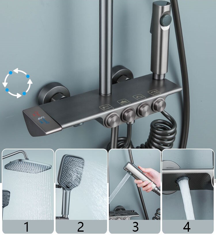 High-end Luxury Temperature Shower Set 4 Way Wall-mounted Bathroom Faucet Brass Rain Shower System Sets Bathtub Mixed Water Tap - imaget 3 High-end Luxury Temperature Shower Set 4 Way Wall-mounted Bathroom Faucet Brass Rain Shower System Sets Bathtub Mixed Water Tap - imaget 3