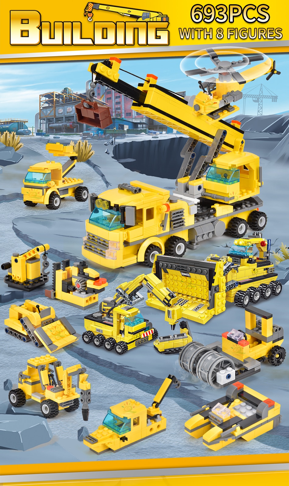 HUIQIBAO TOYS 693pcs 8in1 Engineering Truck Building Blocks Crane Bulldozer Car City Construction Bricks Set For Children Kids - imaget 1 HUIQIBAO TOYS 693pcs 8in1 Engineering Truck Building Blocks Crane Bulldozer Car City Construction Bricks Set For Children Kids - imaget 1