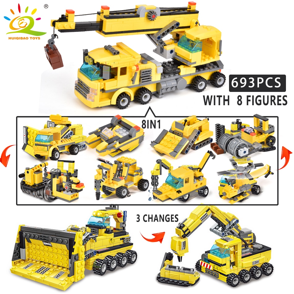HUIQIBAO TOYS 693pcs 8in1 Engineering Truck Building Blocks Crane Bulldozer Car City Construction Bricks Set For Children Kids HUIQIBAO TOYS 693pcs 8in1 Engineering Truck Building Blocks Crane Bulldozer Car City Construction Bricks Set For Children Kids