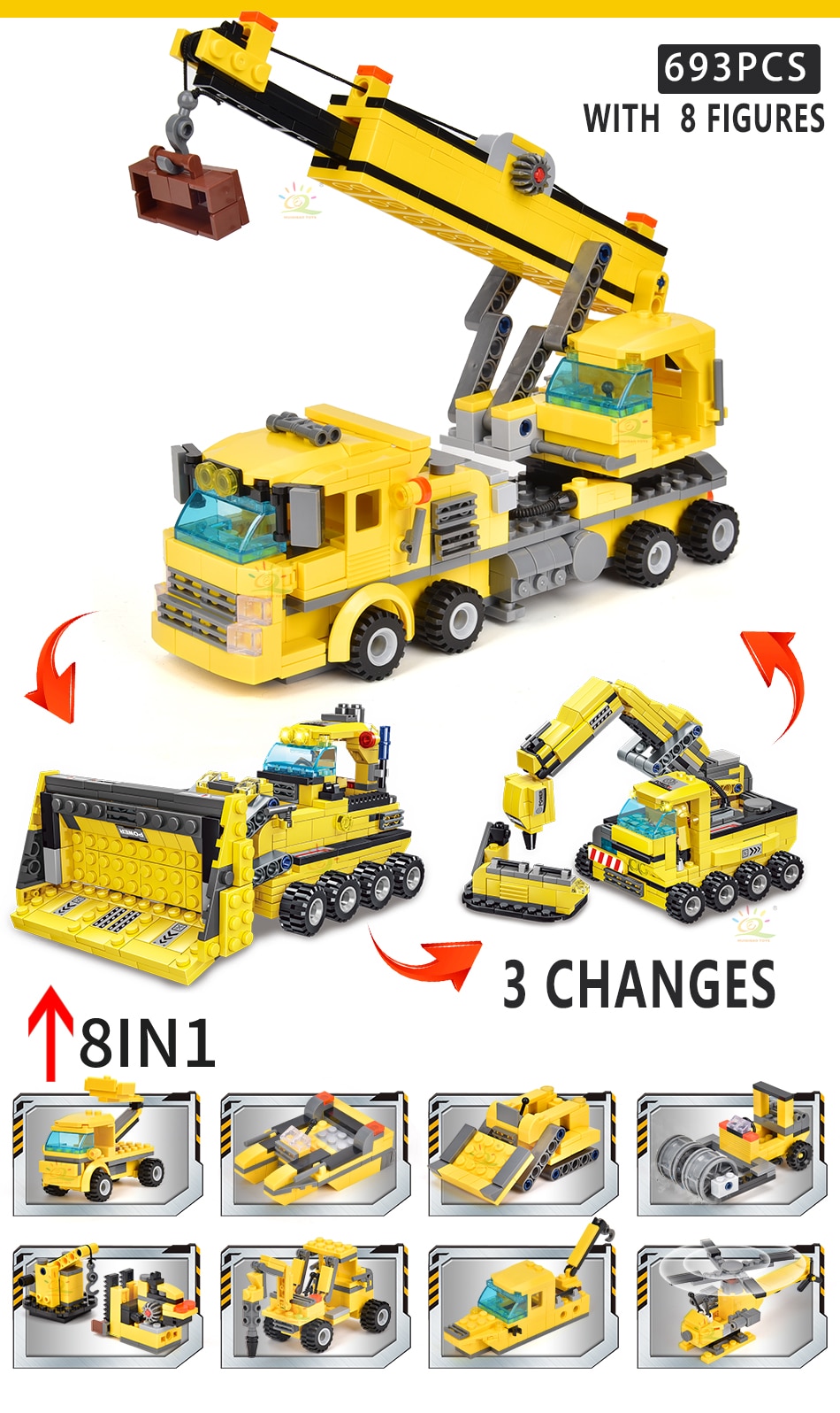 HUIQIBAO 완구 693pcs 8in1 엔지니어링 트럭 빌딩 블록 크레인 불도저 자동차 도시 건설 벽돌 어린이를위한 설정 어린이 - imaget 2 HUIQIBAO 완구 693pcs 8in1 엔지니어링 트럭 빌딩 블록 크레인 불도저 자동차 도시 건설 벽돌 어린이를위한 설정 어린이 - imaget 2