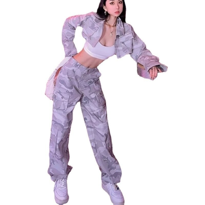 Mùa xuân và mùa thu Spice Girls High Street Đi chơi rộng Quần hàng ngày Ngụy trang In dây rút Thiết kế túi yếm