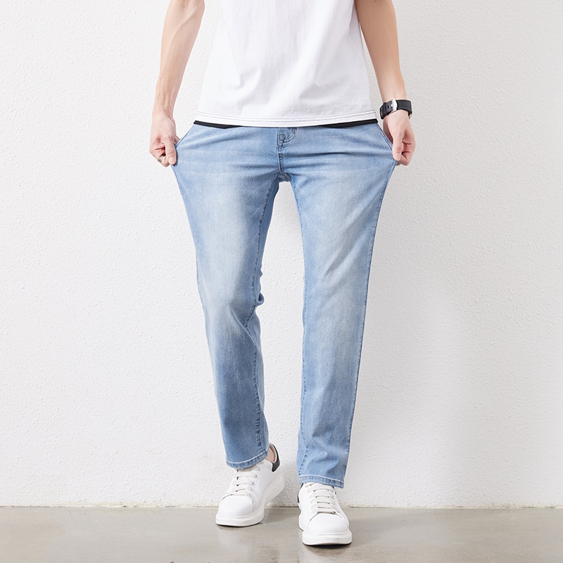 Nam Co Giãn Mỏng Rời Thẳng Quần Jean 28-48 Plus Kích Thước Mùa Xuân Mới Quần Mỏng Thương Hiệu Thời Trang Chất Lượng phù hợp Tất Cả Các Trận Đấu Thường Quần