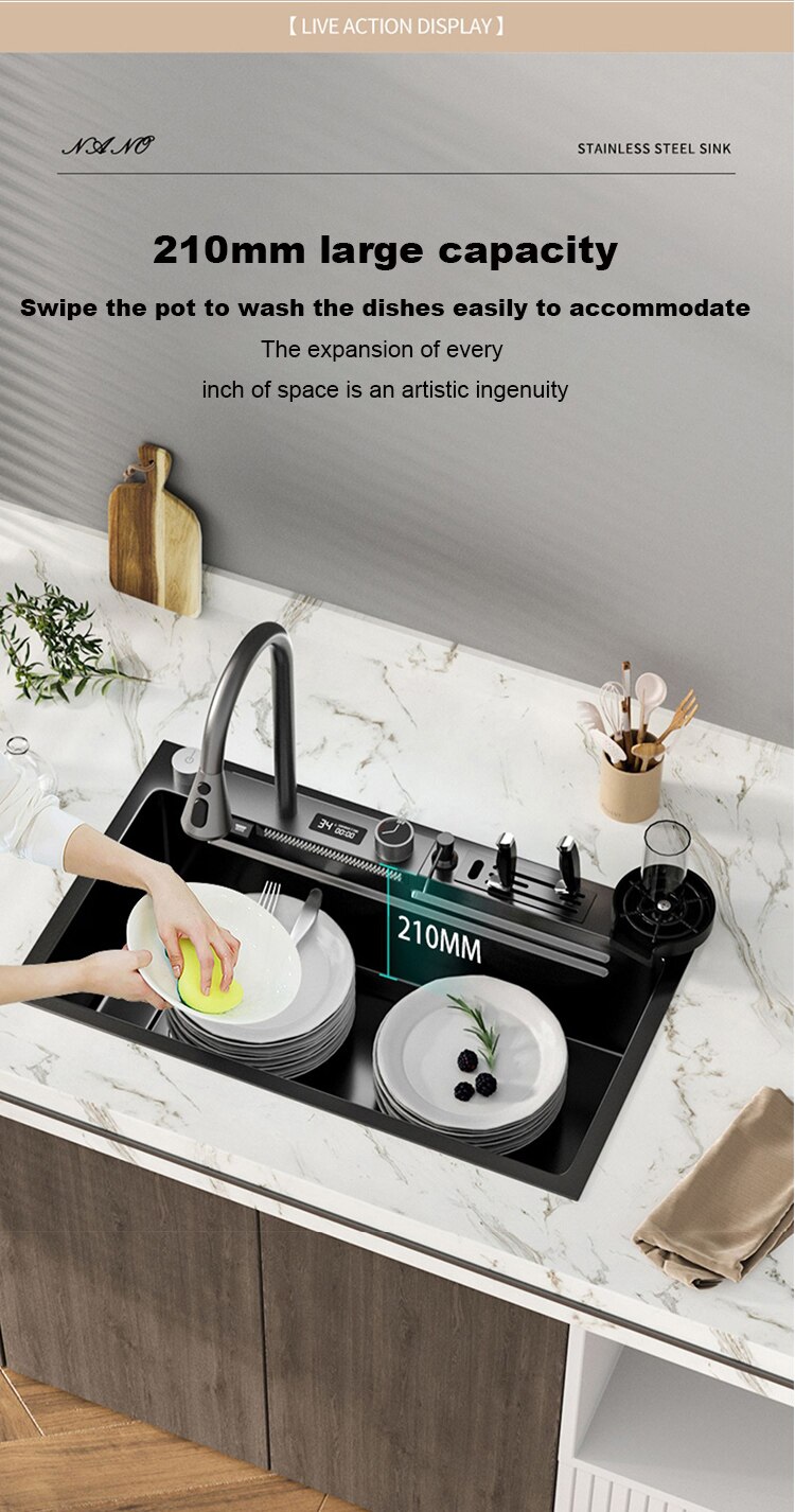 Nhà Bếp Bằng Thép Không Gỉ 304 Thác Tản Màn Hình Hiển Thị Kỹ Thuật Số Lớn Đơn Chậu Rửa Chén Đa Năng Cảm Ứng Thác Nước - Ảnh 14