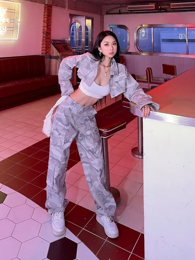 Spring And Autumn Spice Girls High Street Loose Outing Daily Pants Camouflage Print Drawstring Pocket Design Overalls - imaget 5