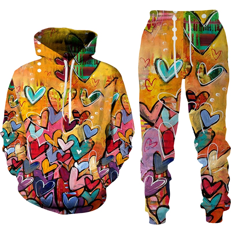 Women 2 Piece Sets Spring Autumn New Love Graffiti 3D Printed Hooded Pullover+Long Pants Oversized Hoodies Female Clothing Women 2 Piece Sets Spring Autumn New Love Graffiti 3D Printed Hooded Pullover+Long Pants Oversized Hoodies Female Clothing