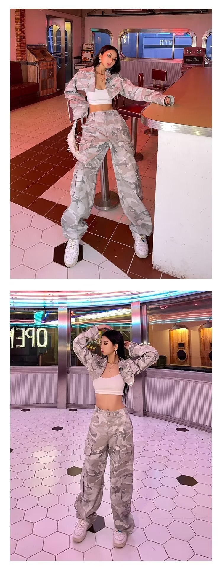 봄과 가을 스파이스 걸스 하이 스트리트 루즈 나들이 데일리 팬츠 위장 프린트 드로우 스트링 포켓 디자인 오버올 - imaget 7